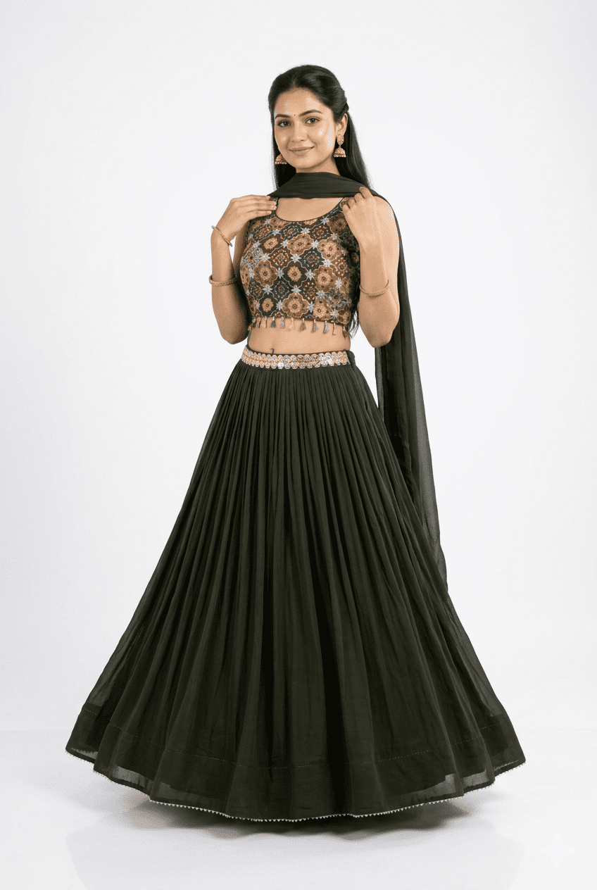 Deep Olive Green Lehenga Choli with Printed Crop Blouse