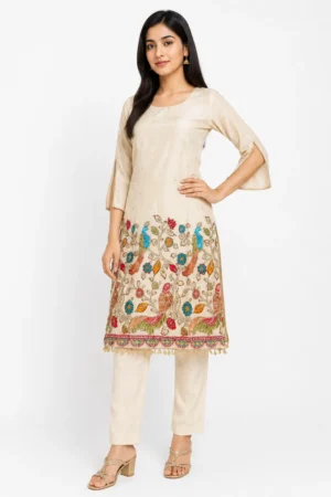 Home 26 Cream Embroidered Kurta Pant Set | Peacock & Floral Printed