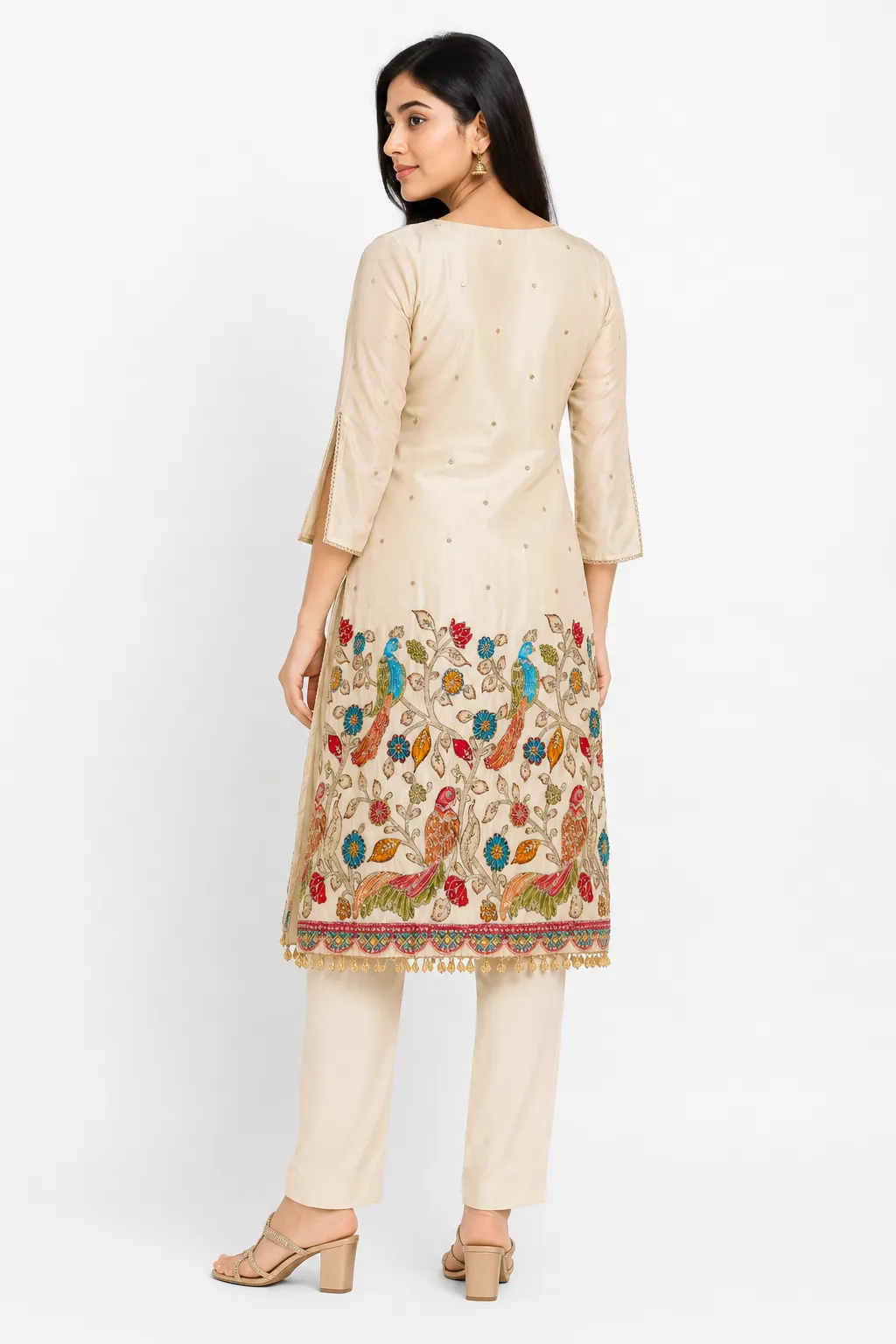 Cream Embroidered Kurta Pant Set | Peacock & Floral Printed