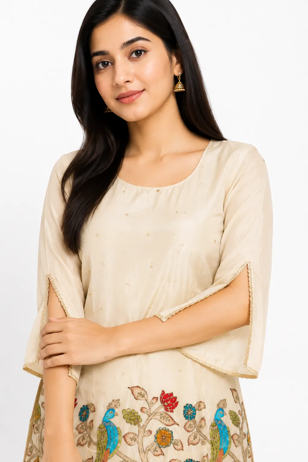 Cream Embroidered Kurta Pant Set | Peacock & Floral Printed