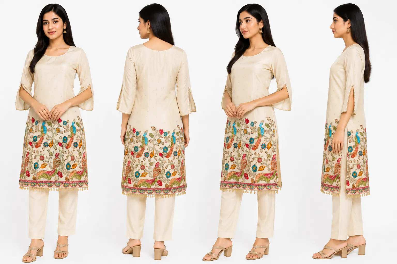 Cream Embroidered Kurta Pant Set | Peacock & Floral Printed