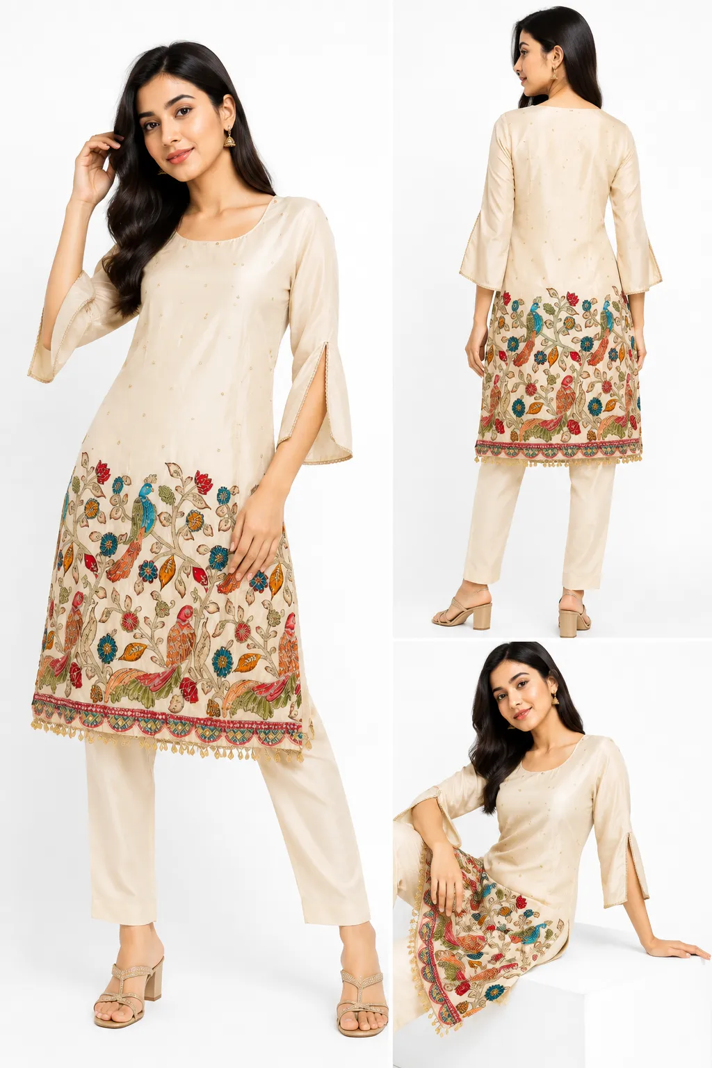 Cream Embroidered Kurta Pant Set | Peacock & Floral Printed