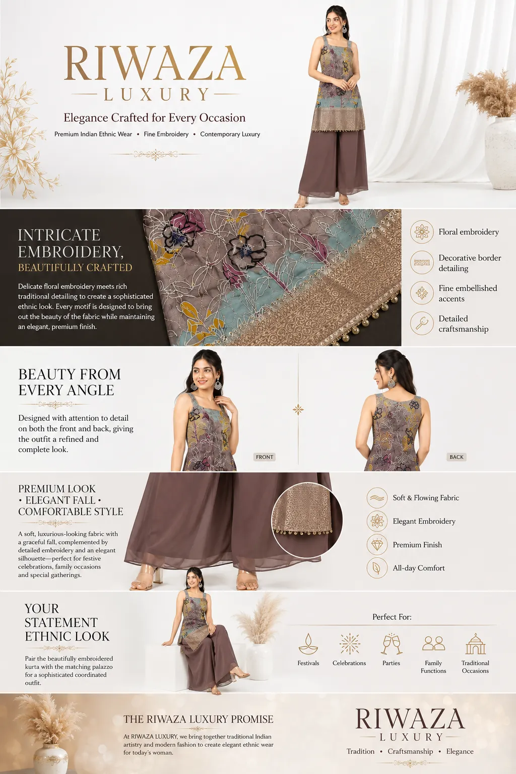 Embroidered Kurta Palazzo Dupatta Set for Women | Designer Ethnic 3