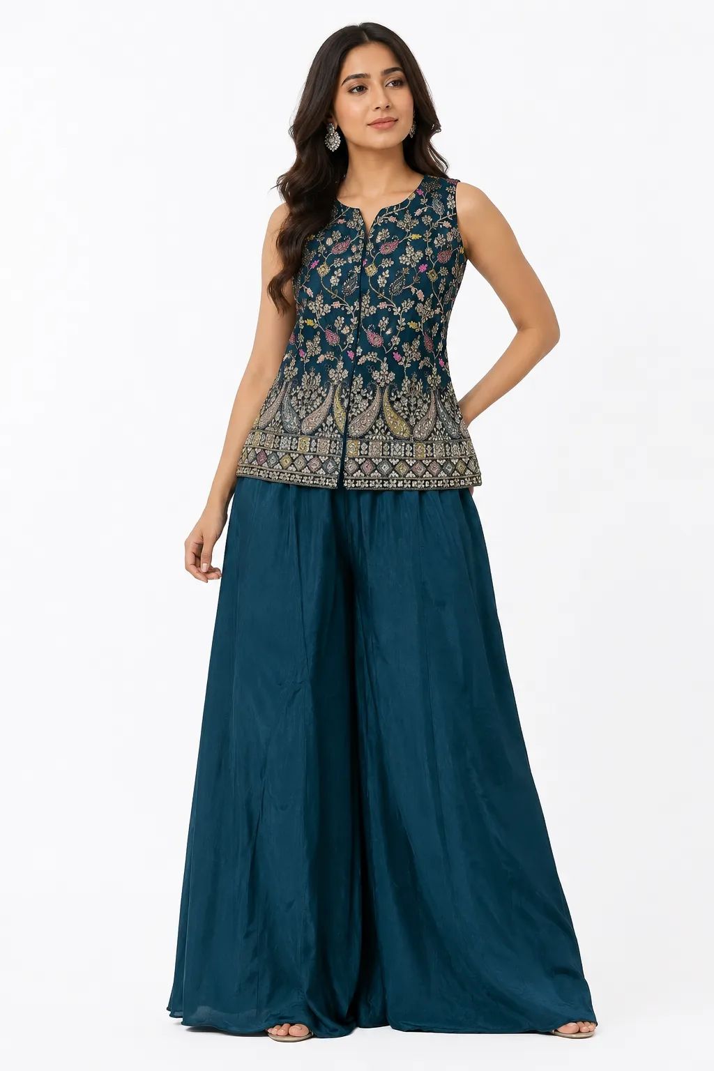 Teal Green Embroidered cor-set Palazzo Dupatta Set