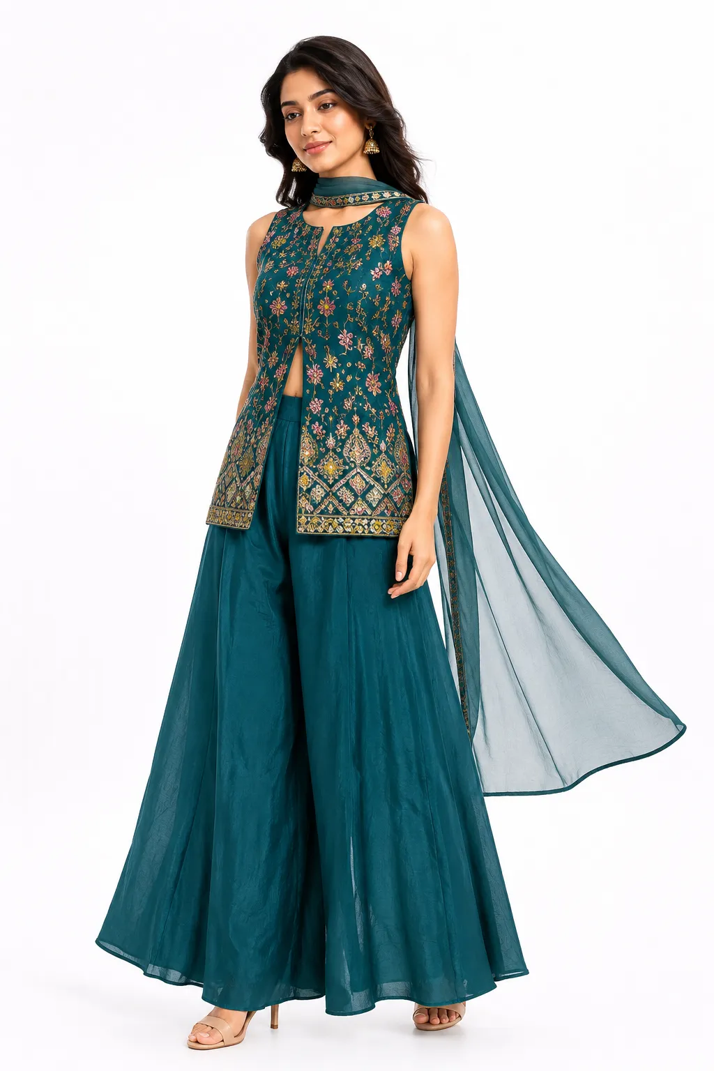 Teal Green Embroidered cor-set Palazzo Dupatta Set