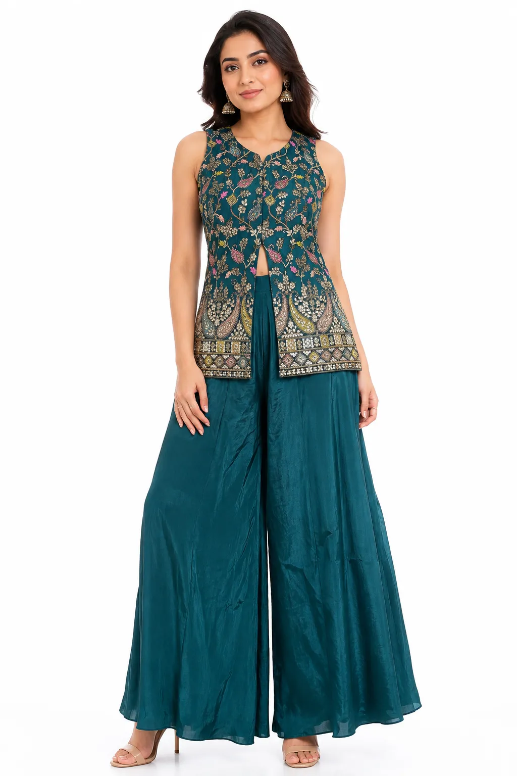 Teal Green Embroidered cor-set Palazzo Dupatta Set