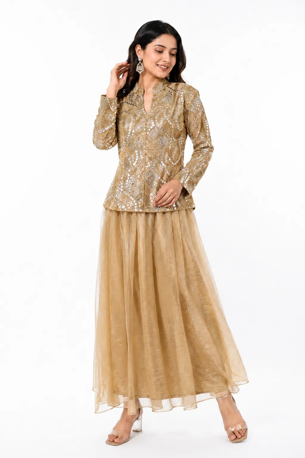 Aura Champagne Gold Embroidered Jacket & Tiered Flared Skirt Set