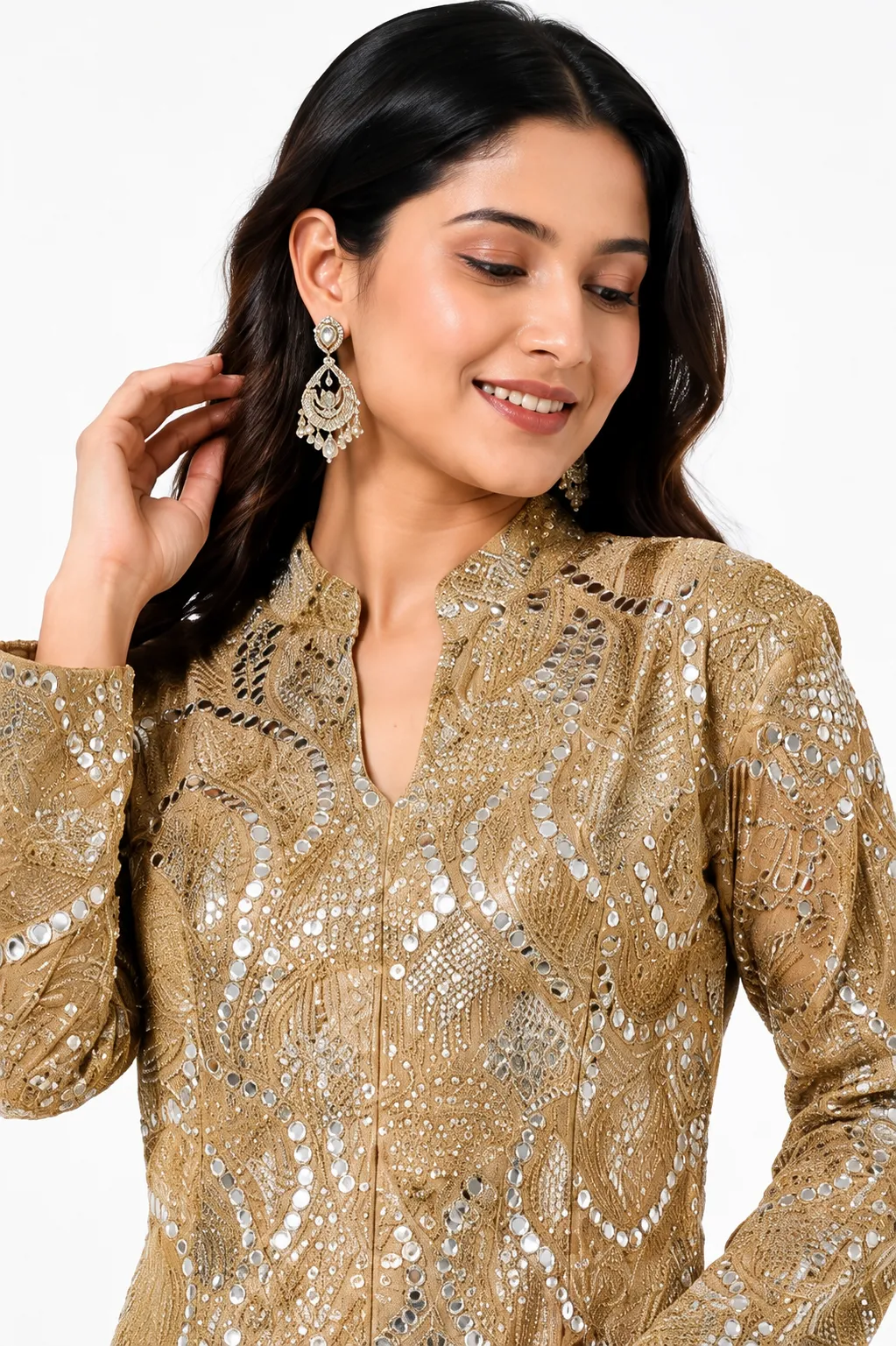Aura Champagne Gold Embroidered Jacket & Tiered Flared Skirt Set