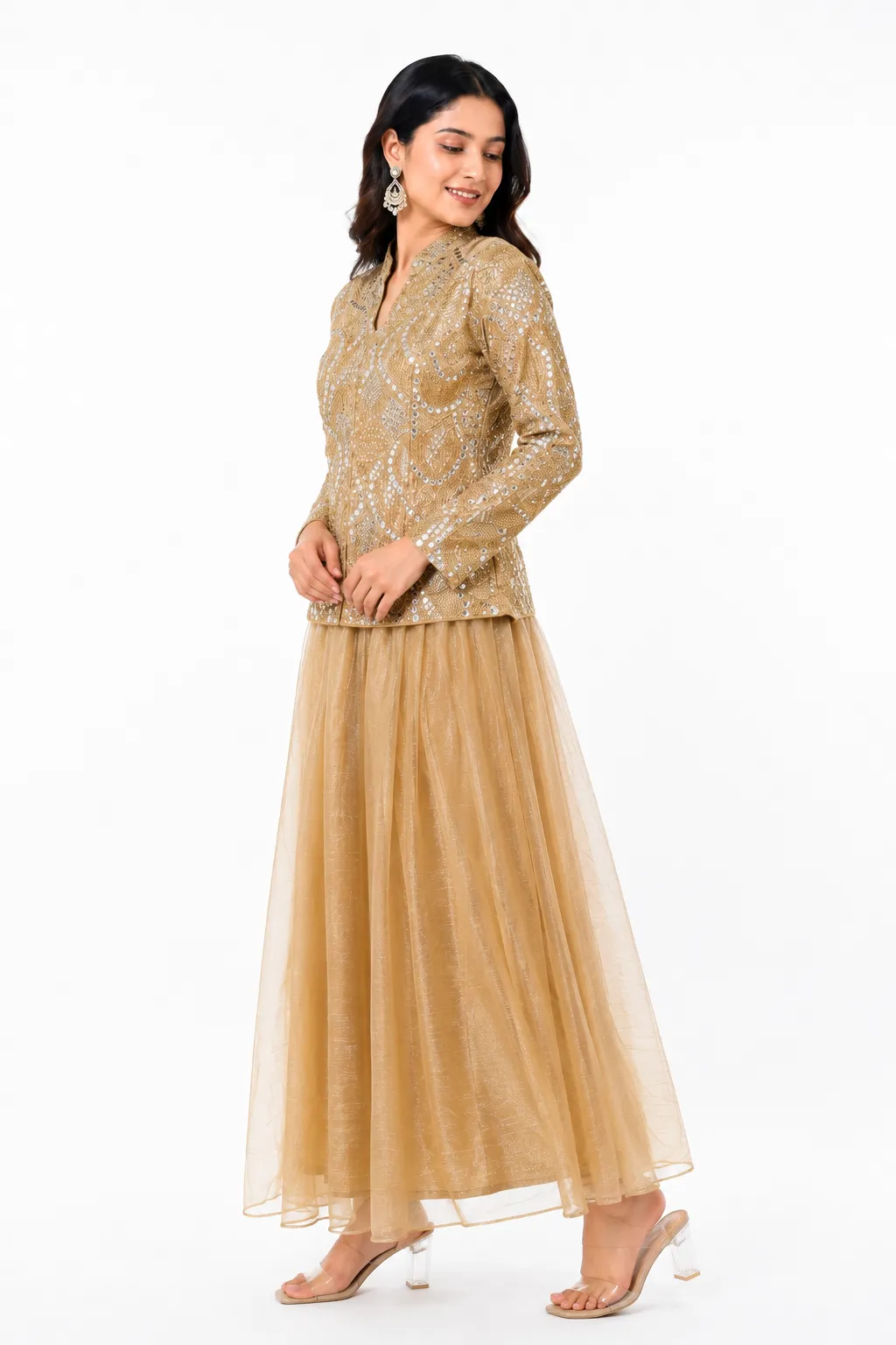 Aura Champagne Gold Embroidered Jacket & Tiered Flared Skirt Set