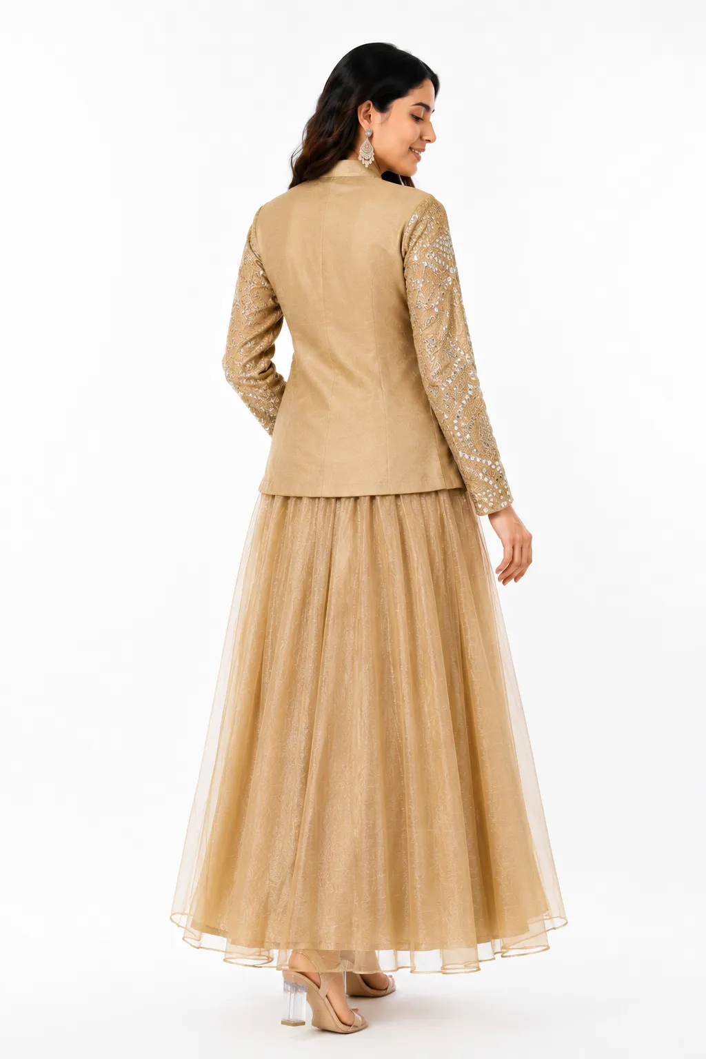 Aura Champagne Gold Embroidered Jacket & Tiered Flared Skirt Set