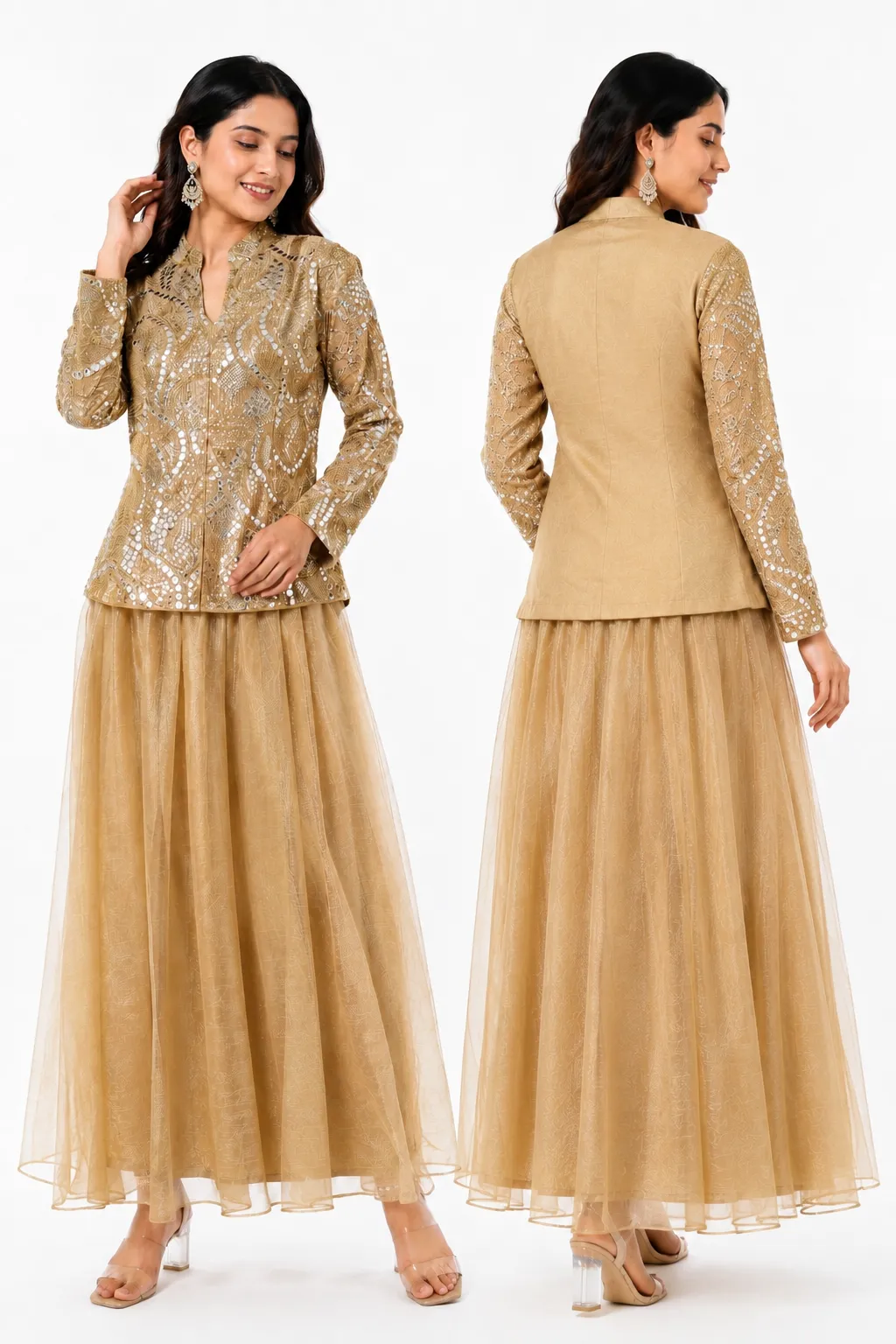 Aura Champagne Gold Embroidered Jacket & Tiered Flared Skirt Set