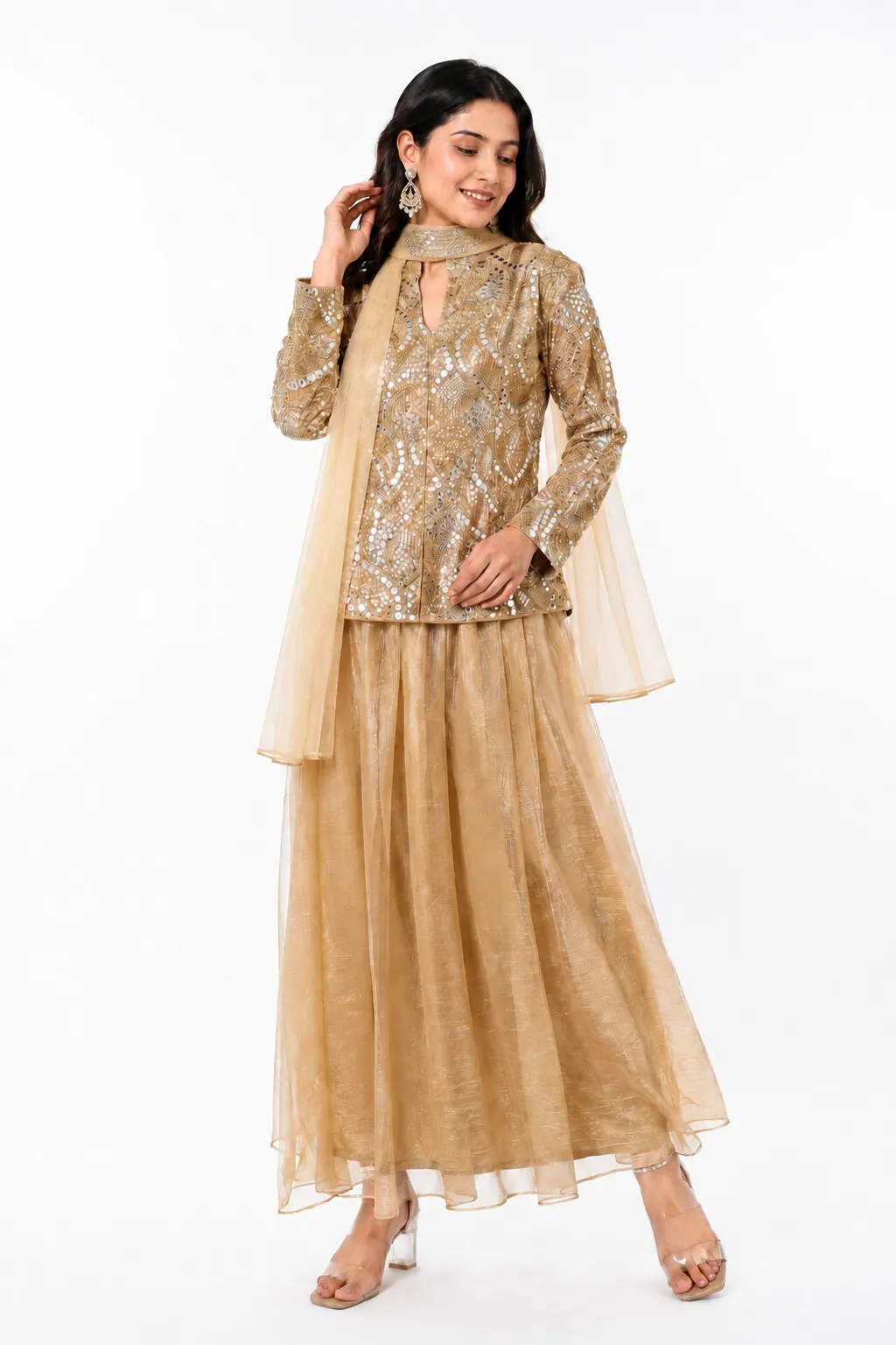 Aura Champagne Gold Embroidered Jacket & Tiered Flared Skirt Set