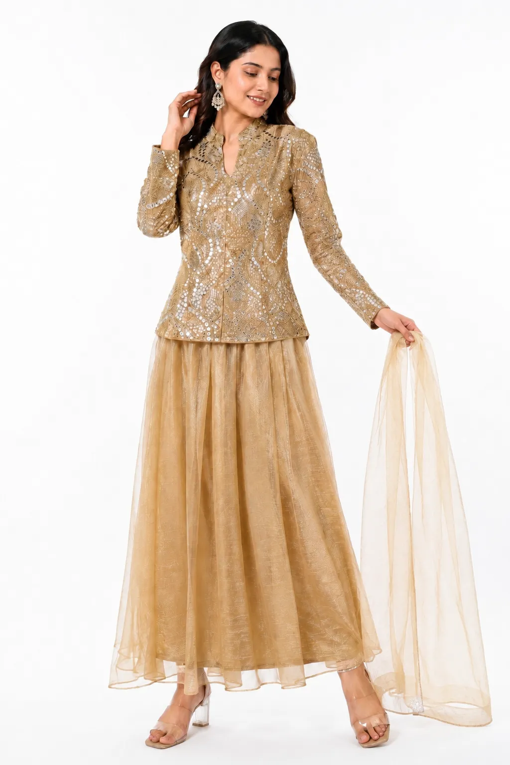 Aura Champagne Gold Embroidered Jacket & Tiered Flared Skirt Set