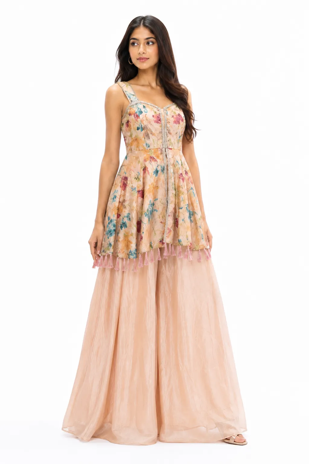 Blush Peach Floral Printed Peplum Top with Flared Palazzo & Dupatta Set