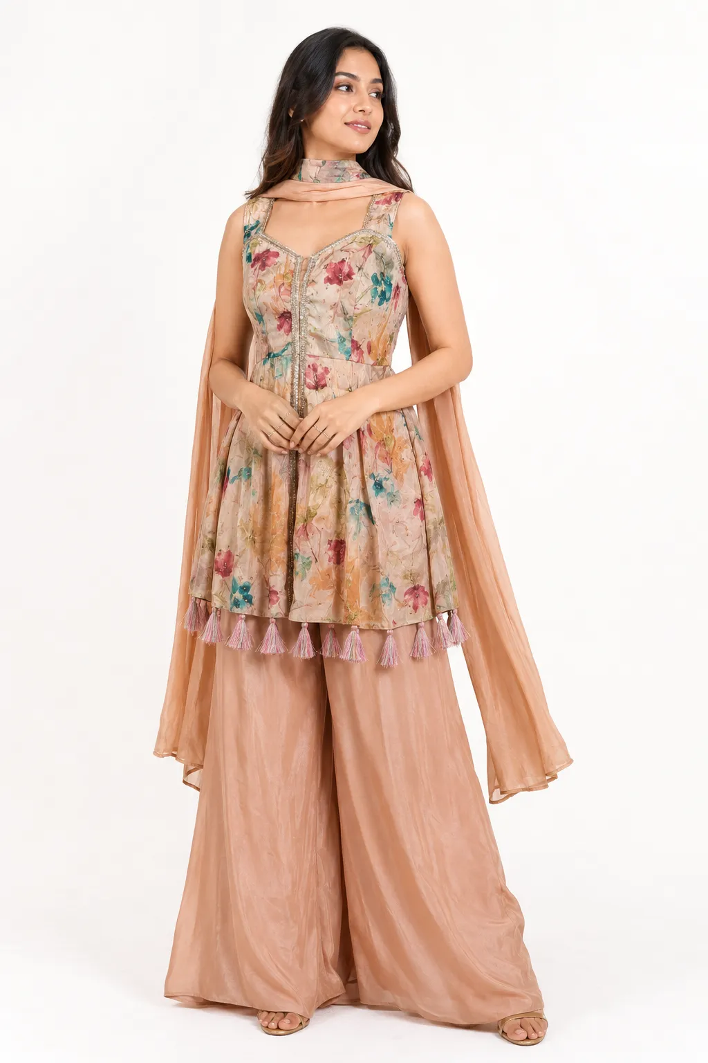 Blush Peach Floral Printed Peplum Top with Flared Palazzo & Dupatta Set