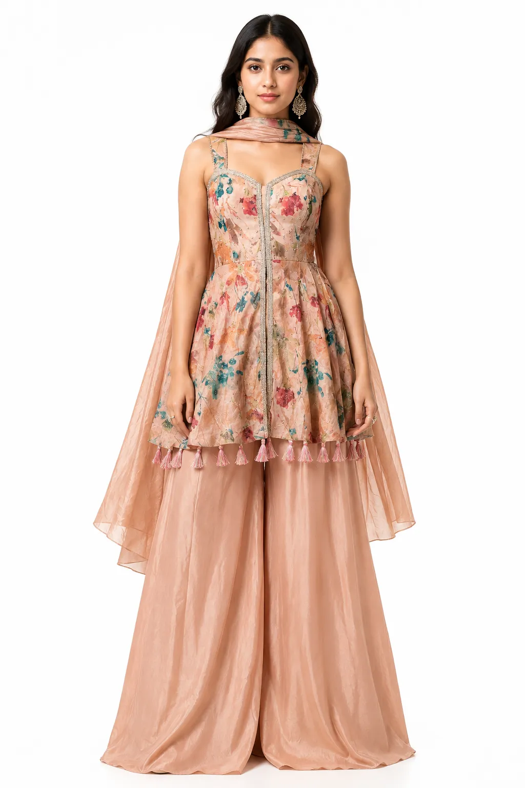 Blush Peach Floral Printed Peplum Top with Flared Palazzo & Dupatta Set