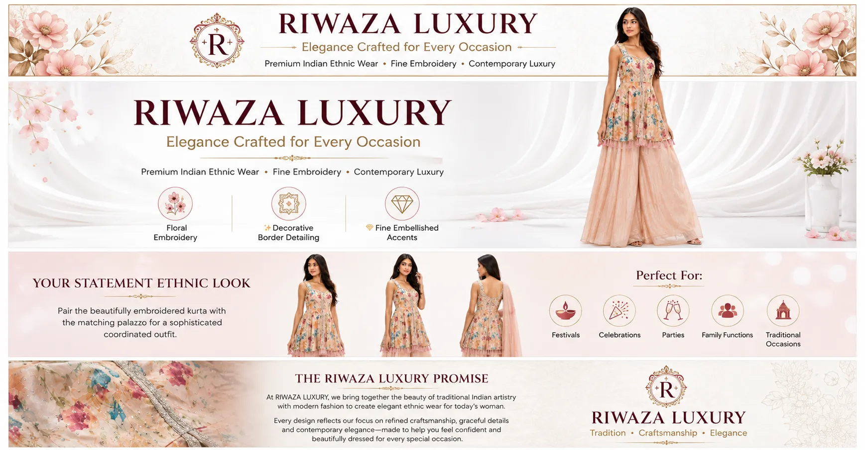Blush Peach Floral Printed Peplum Top with Flared Palazzo & Dupatta Set