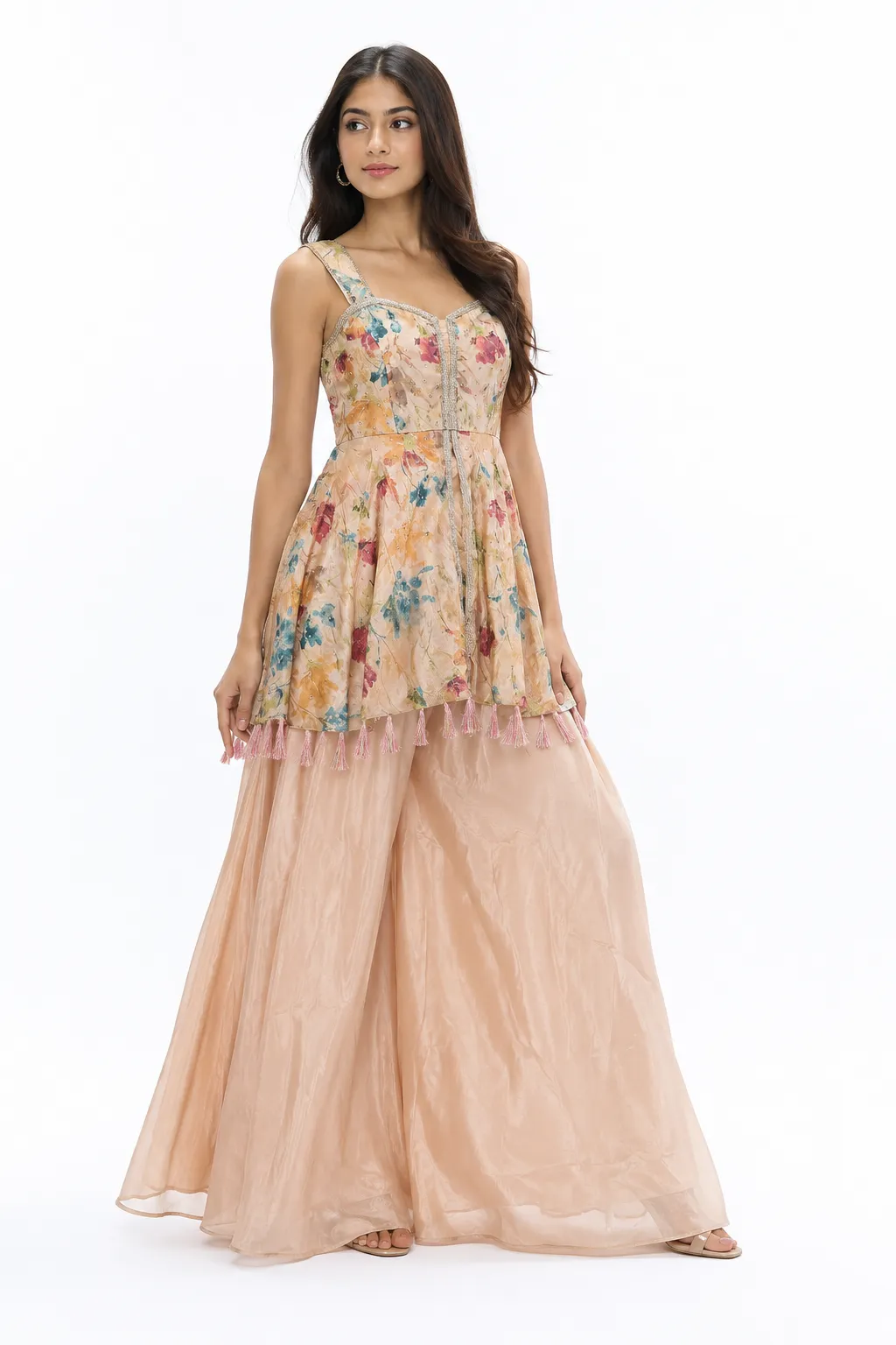Blush Peach Floral Printed Peplum Top with Flared Palazzo & Dupatta Set