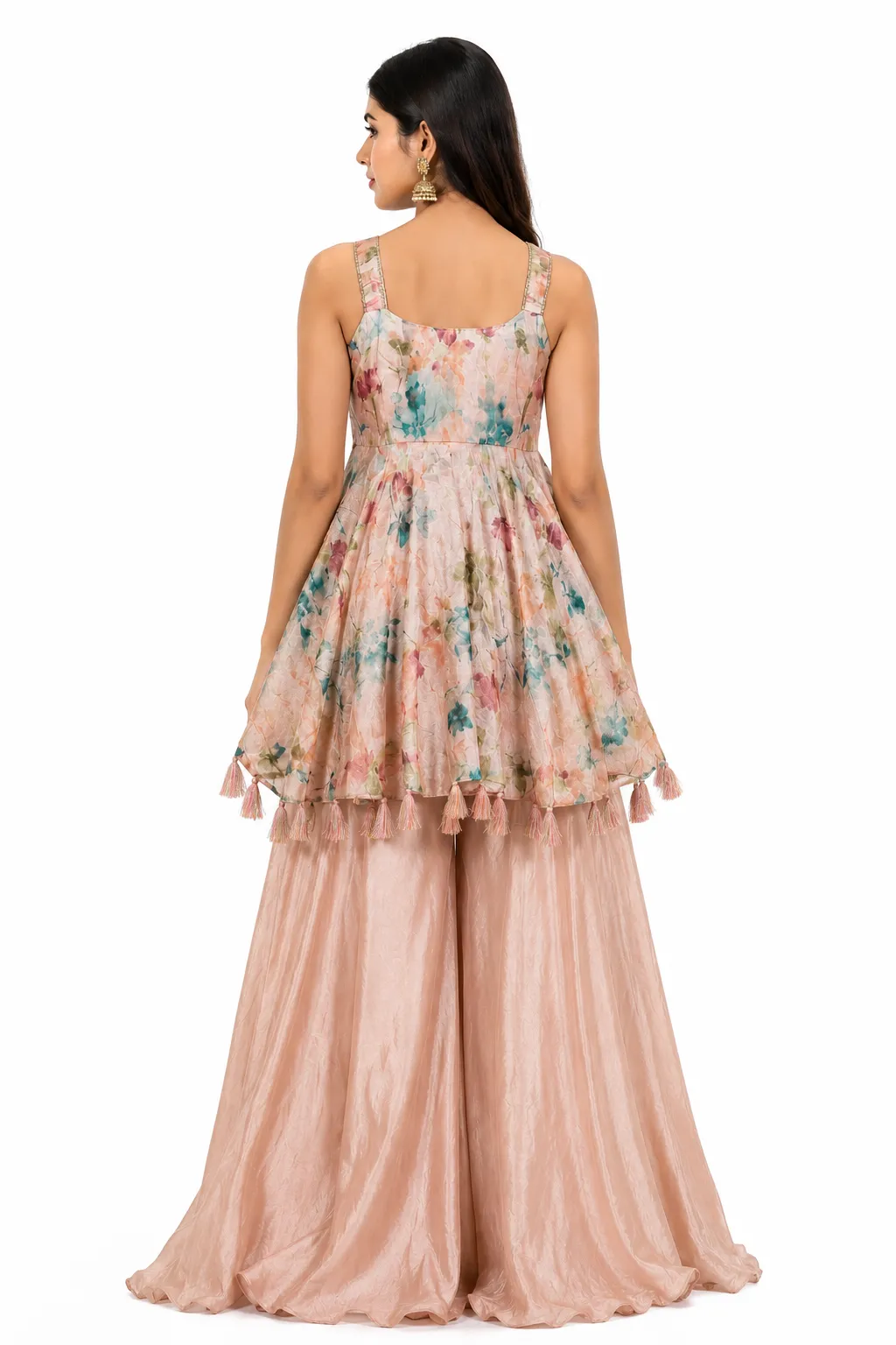 Blush Peach Floral Printed Peplum Top with Flared Palazzo & Dupatta Set