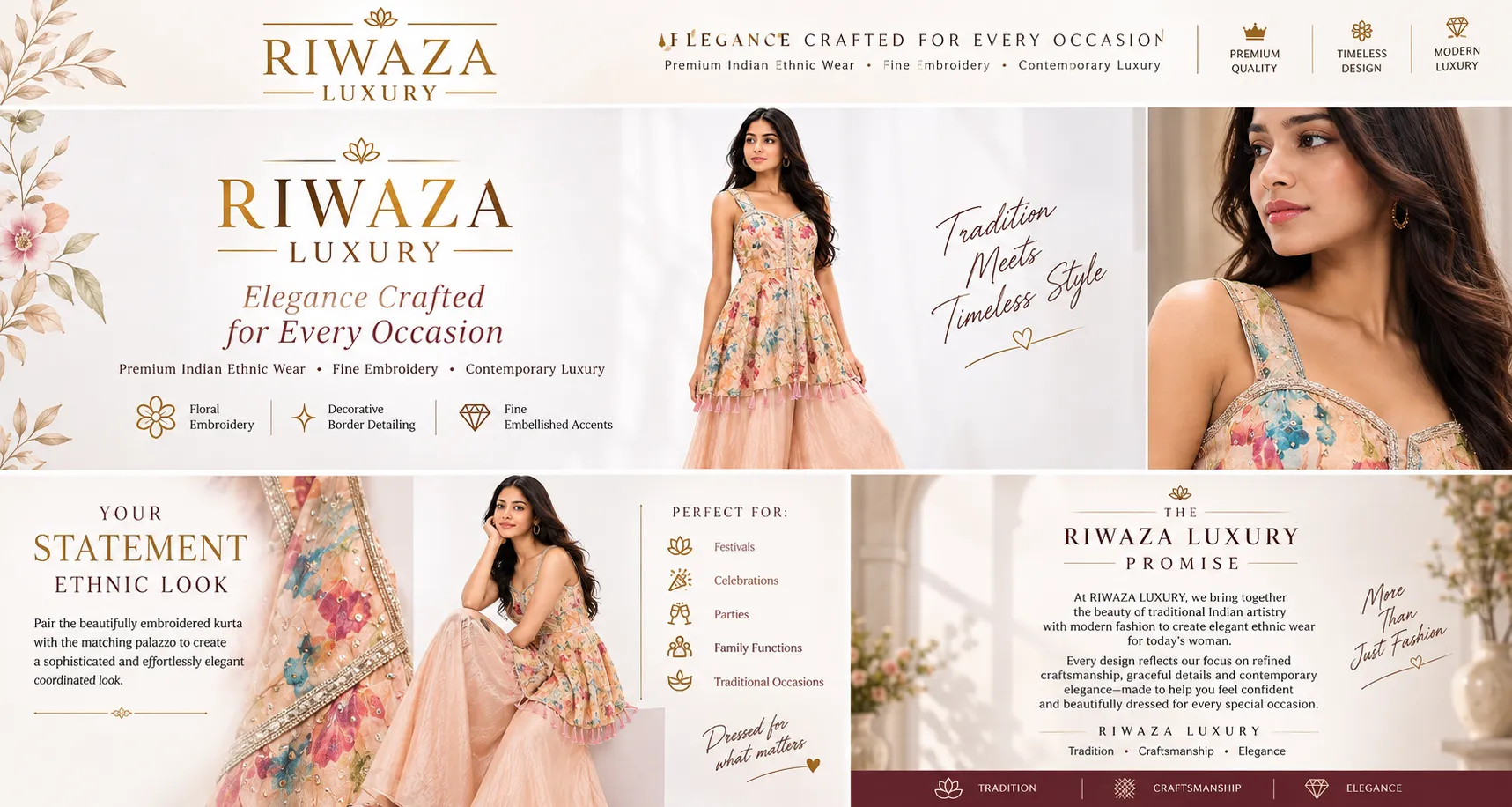 Blush Peach Floral Printed Peplum Top with Flared Palazzo & Dupatta Set