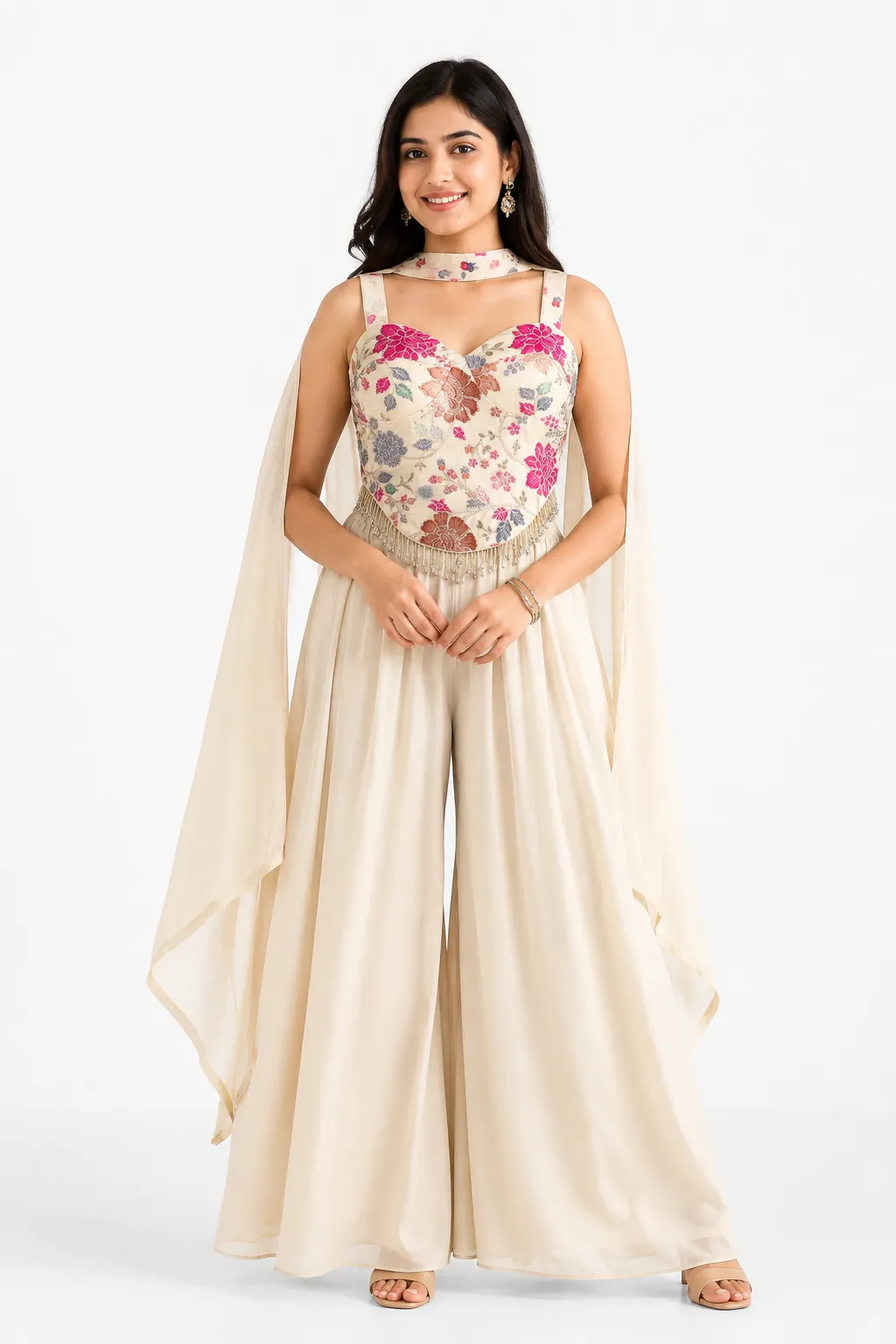 Position Printed Crop Top & Wide Leg Palazzo Pants Set | Stylish Ethnic Fusion Co-Ord Set