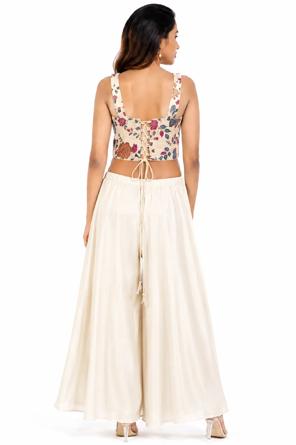 Position Printed Crop Top & Wide Leg Palazzo Pants Set | Stylish Ethnic Fusion Co-Ord Set