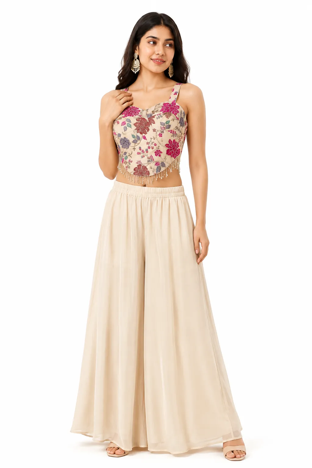 Position Printed Crop Top & Wide Leg Palazzo Pants Set | Stylish Ethnic Fusion Co-Ord Set