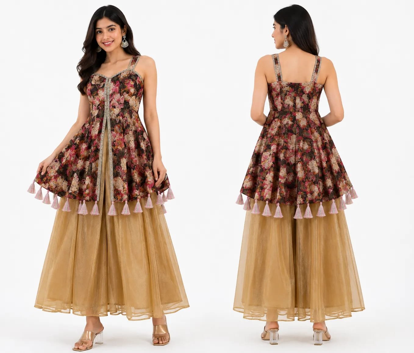 Olive Vintage Floral Peplum Top with Flared Palazzo & Dupatta Set