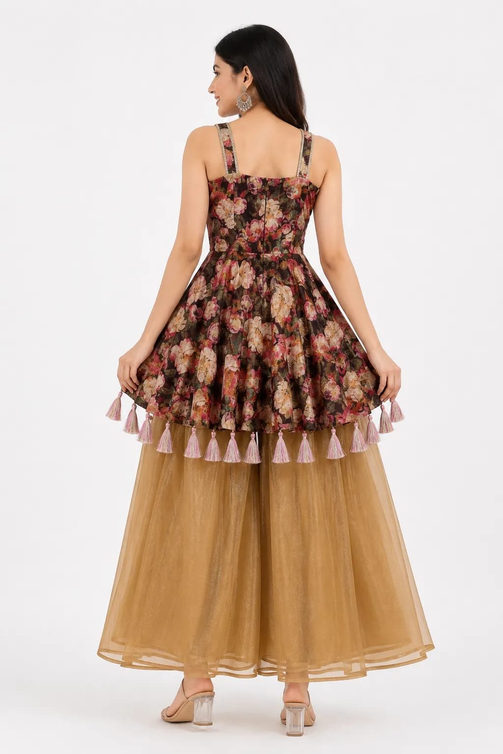 Olive Vintage Floral Peplum Top with Flared Palazzo & Dupatta Set
