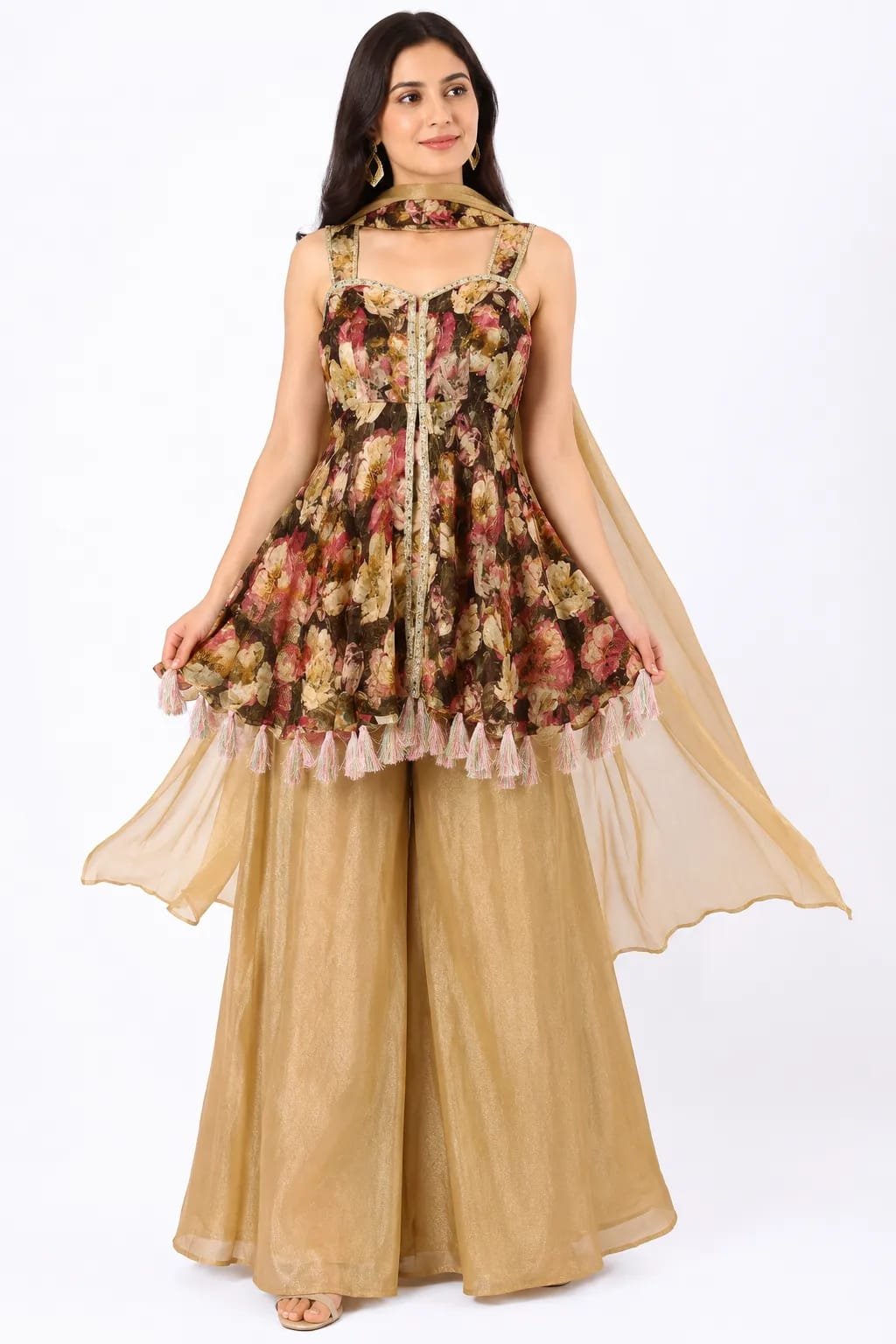Olive Vintage Floral Peplum Top with Flared Palazzo & Dupatta Set