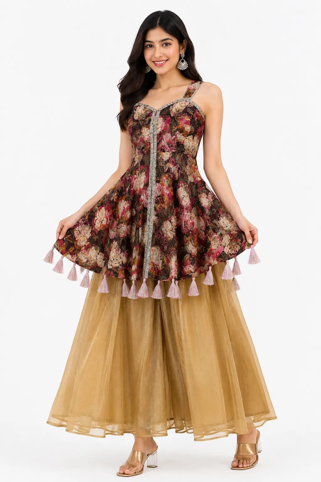 Olive Vintage Floral Peplum Top with Flared Palazzo & Dupatta Set