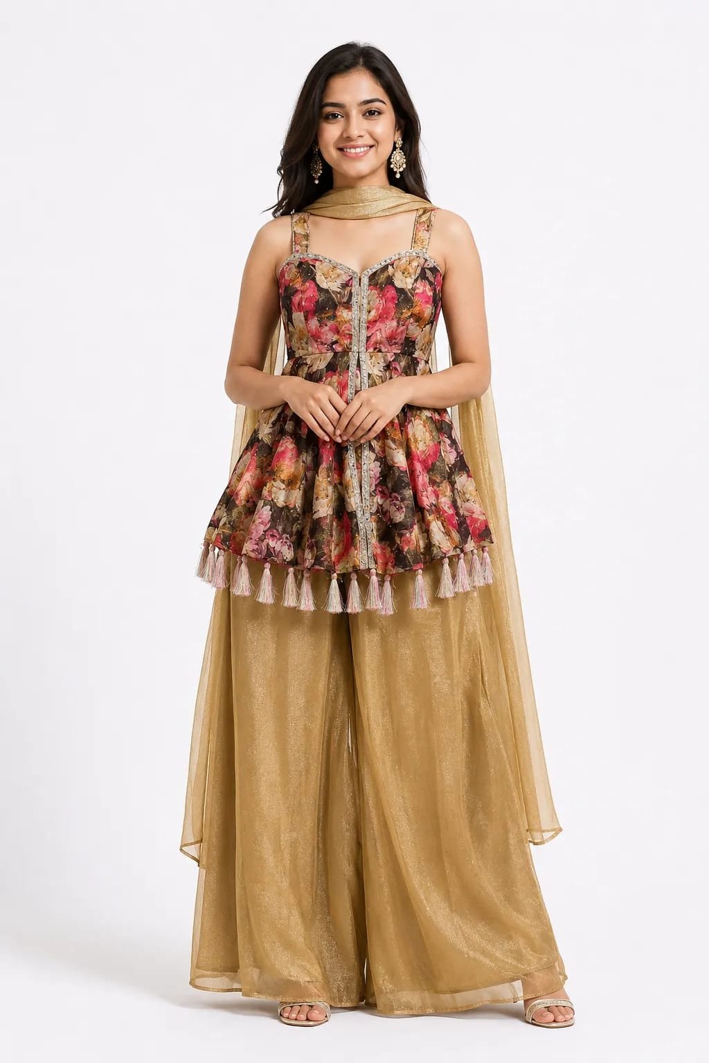 Olive Vintage Floral Peplum Top with Flared Palazzo & Dupatta Set