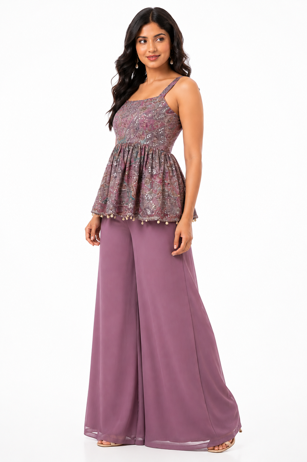 Embroidered Peplum Top Palazzo Pants with Dupatta Set