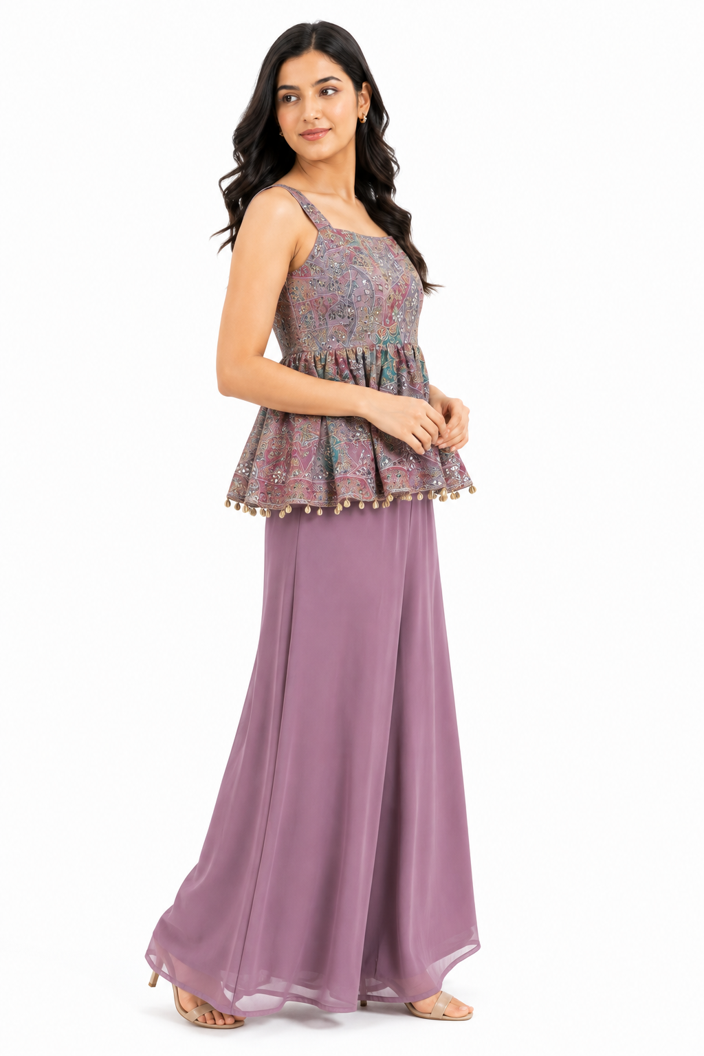 Embroidered Peplum Top Palazzo Pants with Dupatta Set