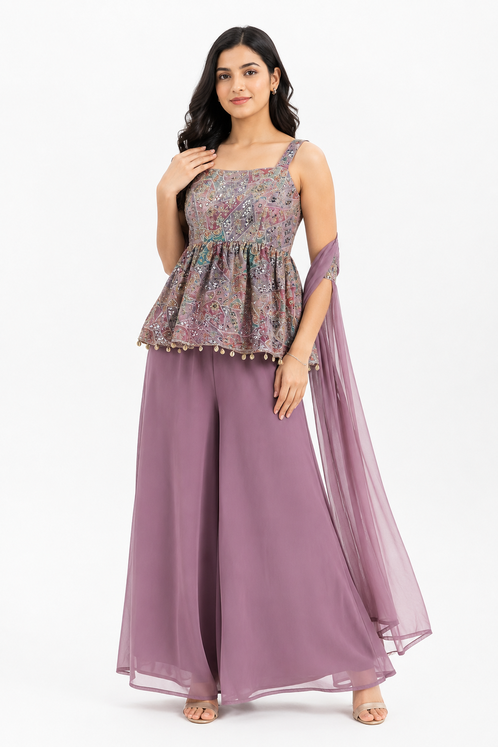 Embroidered Peplum Top Palazzo Pants with Dupatta Set